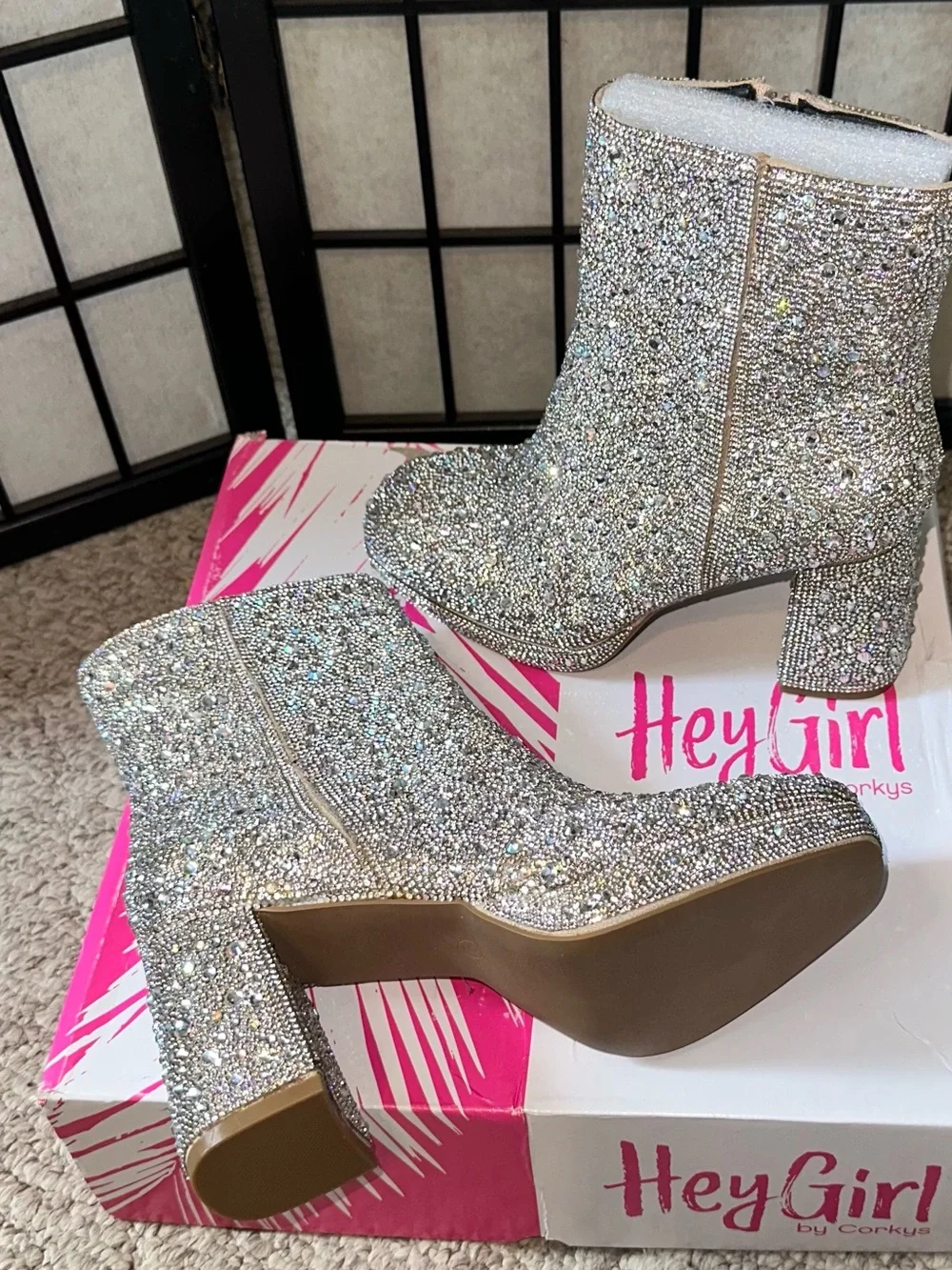 Rhinestone Embellished Silver Block Heel Boots